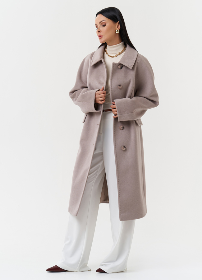 Светлое пальто с поясом модель № 27696 универмаг малина