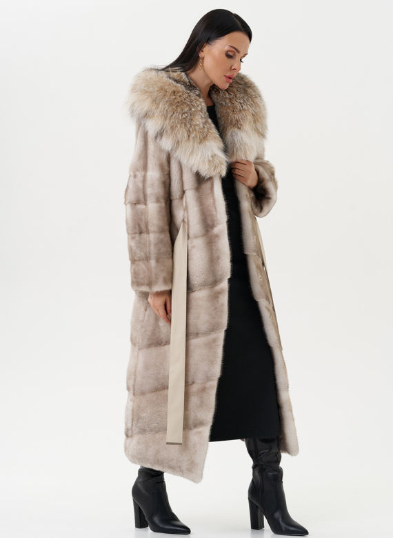 Женская норковая шуба с капюшоном из рыси