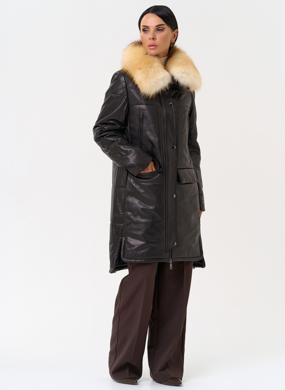 Кожаный пуховик с воротником из лисы