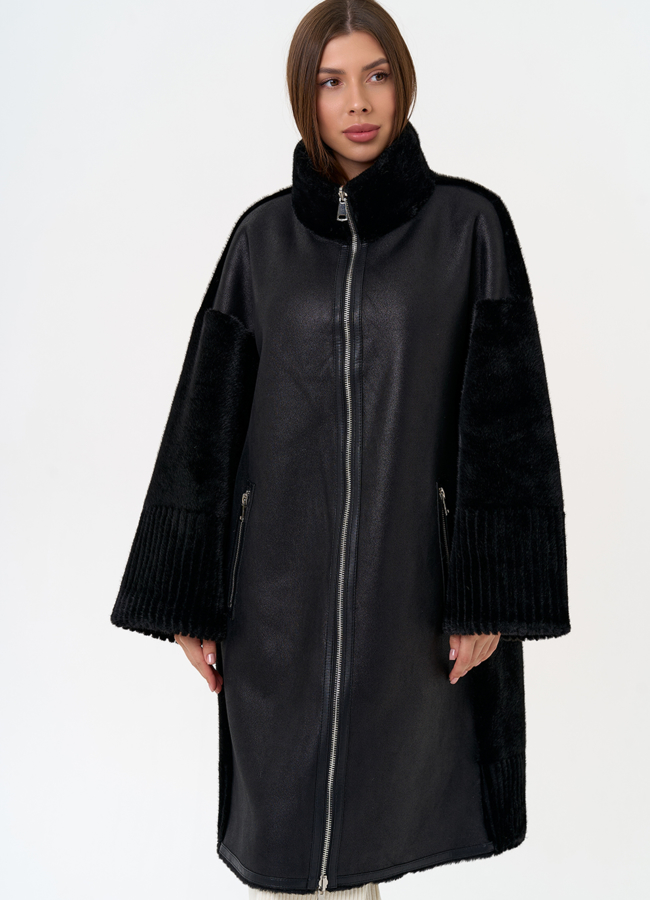 Женская двухсторонняя дубленка из эко замши с воротником стойкой модель № 31412 в рассрочку