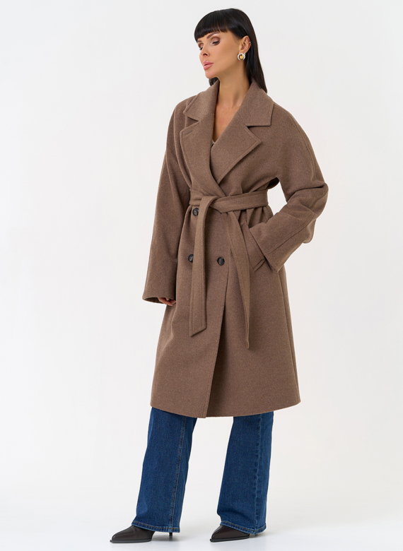 Женское двубортное пальто с поясом 