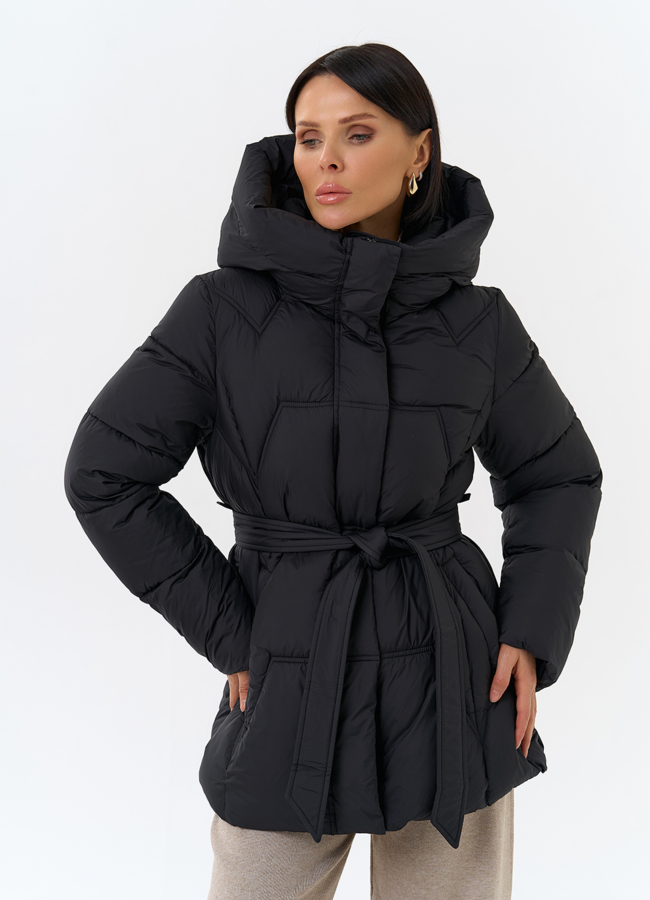 Женский пуховик с поясом модель № 31999 меха малина