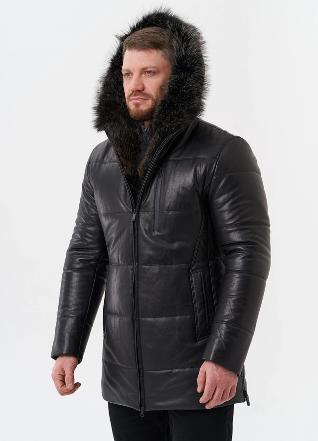 Пуховик из натуральной кожи с отделкой из меха енота модель № 25458 универмаг малина