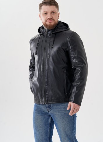 Мужская куртка из эко кожи с капюшоном 