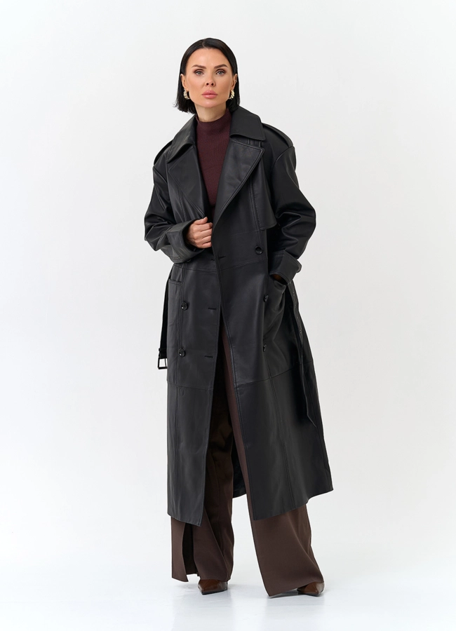Женский плащ из натуральной кожи с поясом модель № 32901 универмаг малина