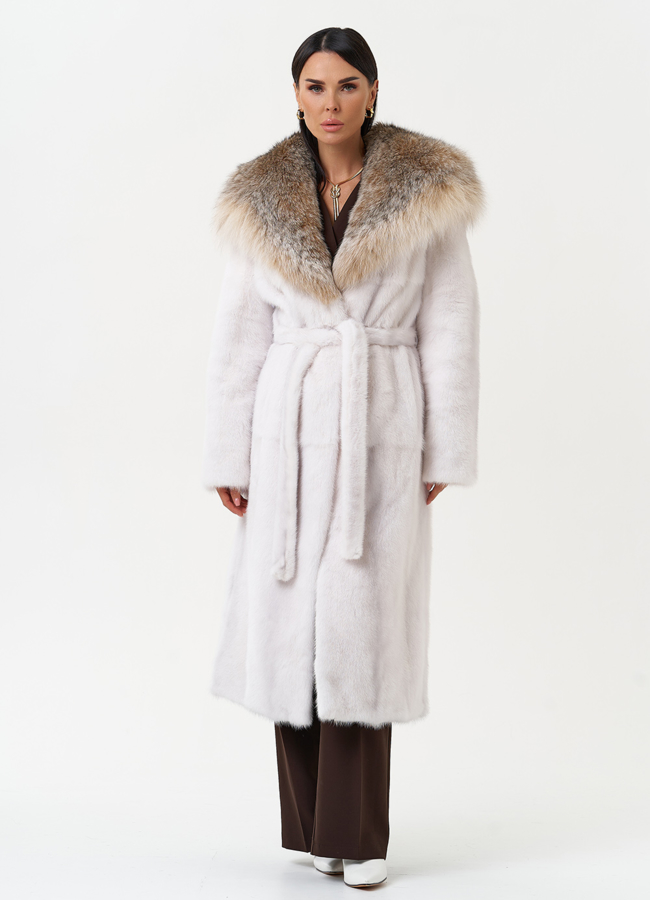 фото Женская шуба из меха норки с капюшоном из меха рыси модель № 29530