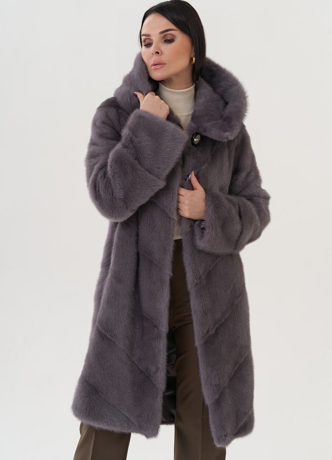 Шуба из норки с капюшоном  модель № 25607 универмаг малина