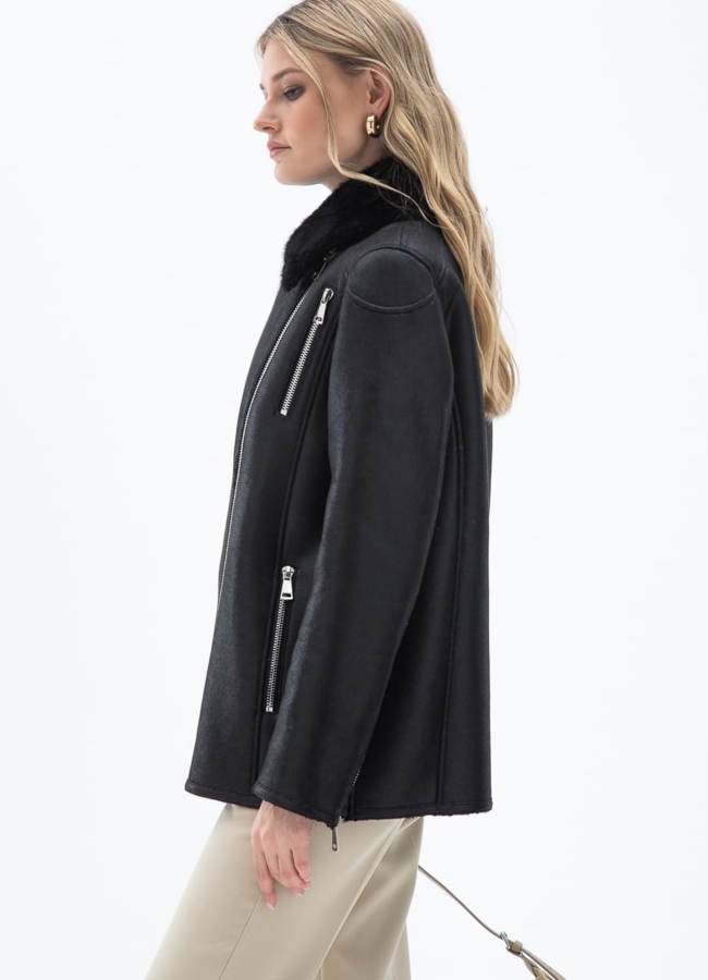 фото Женская дубленка из эко кожи с отделкой из эко меха модель № 32025