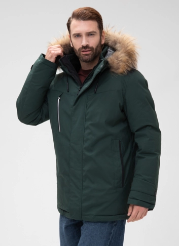 Мужской пуховик с капюшоном из меха енота