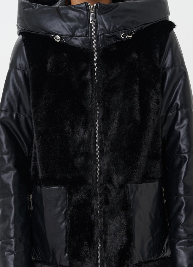 Пуховик из эко кожи с капюшоном модель № 23366 универмаг малина
