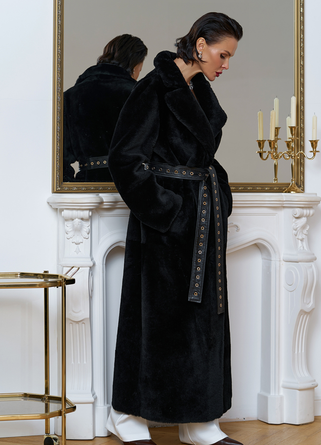 фото Женская натуральная дубленка с двойным поясом модель № 31612