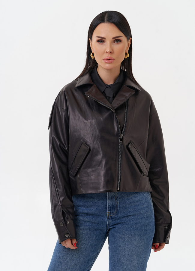 Черная кожаная куртка модель № 29914 меха малина