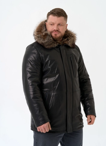 Мужская натуральная дубленка на волке с отделкой из меха енота