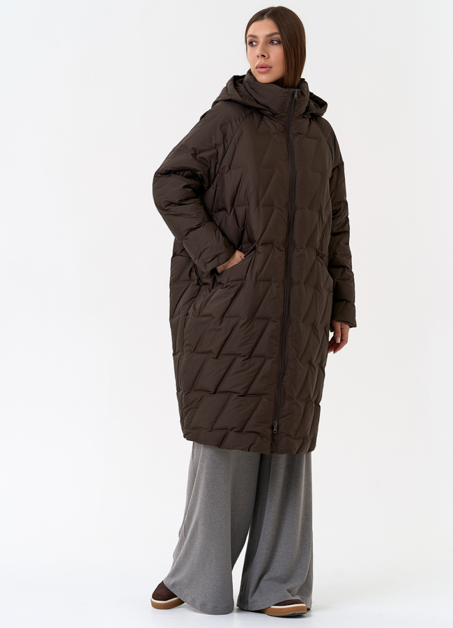 Женское свободное пальто с капюшоном модель № 31386 меха малина