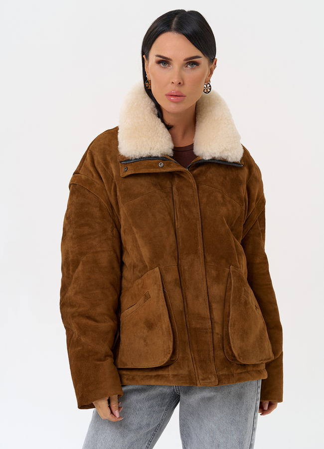 Пуховик - трансформер из натуральной замши модель № 31372 меха малина