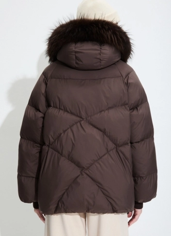 Женский пуховик с мехом енота на капюшоне фото