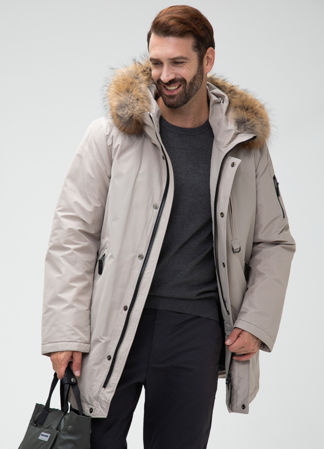 Мужской пуховик с капюшоном из меха енота модель № 27999 универмаг малина