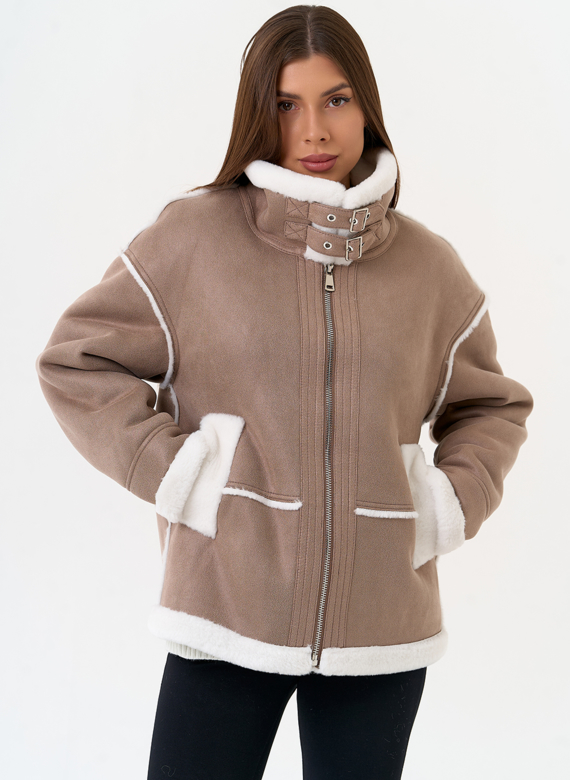 Женская дубленка из эко замши с воротником стойкой