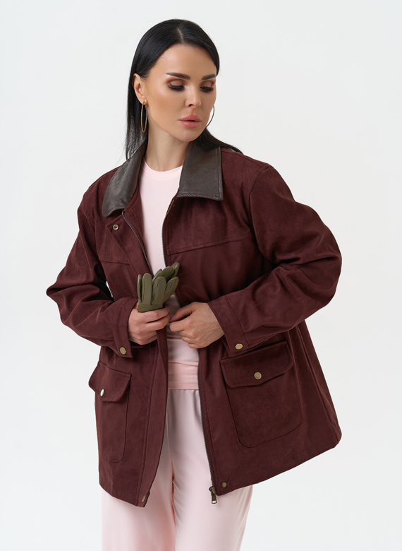 Женская парка из эко замши бордового цвета