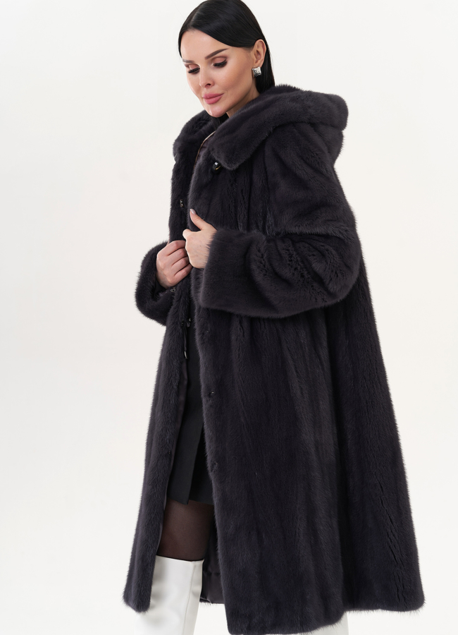 Шуба из норки классическая с капюшоном цвете графит модель № 24816 универмаг малина