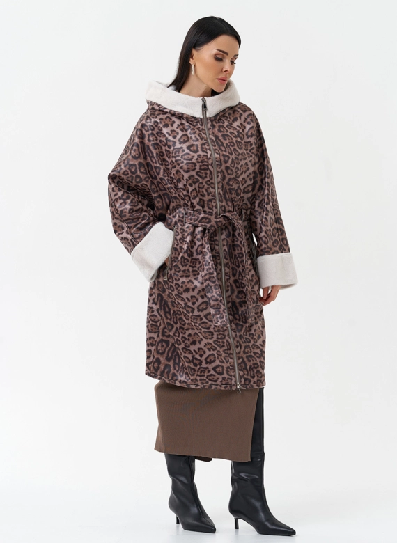 Женская дубленка из эко замши с поясом