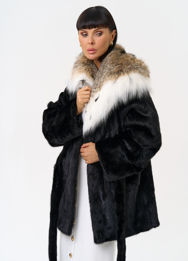 Женская шуба из меха норки с капюшоном из меха рыси модель № 31376 универмаг малина
