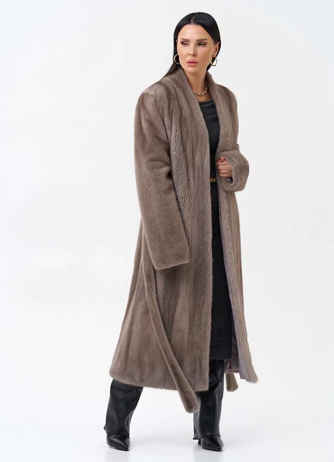 Длинная шуба из норки с поясом модель № 28633 универмаг малина