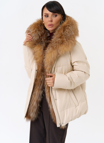 Женский пуховик из эко кожи с отделкой из натуральной лисы