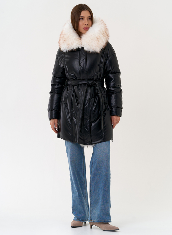 Женский пуховик из эко кожи с отделкой из эко меха