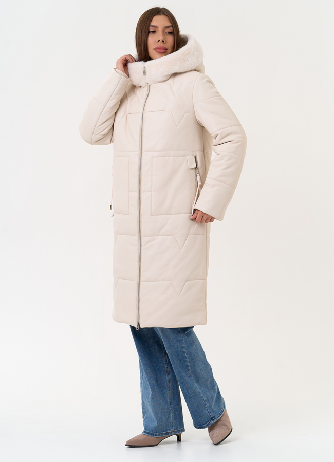 Женское пальто из эко кожи с капюшоном модель № 30730 в рассрочку