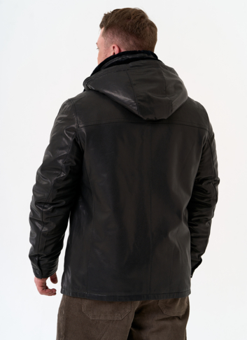 Мужская дубленка черного цвета с капюшоном