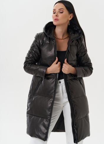 Кожаный пуховик с капюшоном