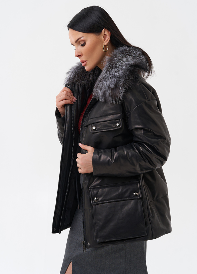 Кожаный пуховик с мехом модель № 29405 универмаг малина