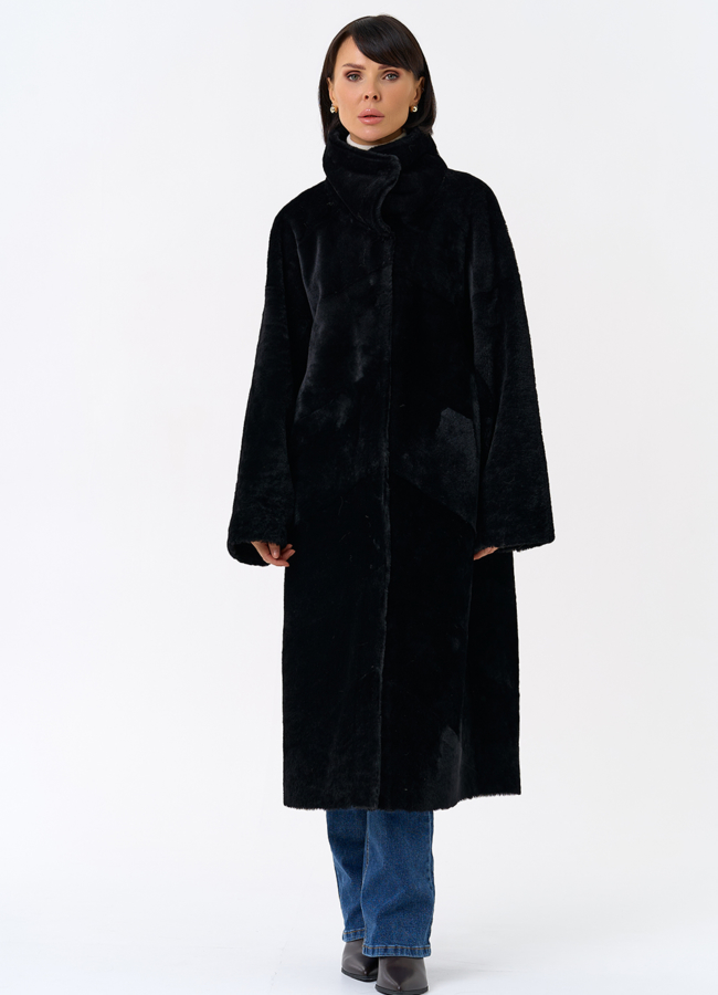 Женская натуральная дубленка черного цвета модель № 31915 меха малина